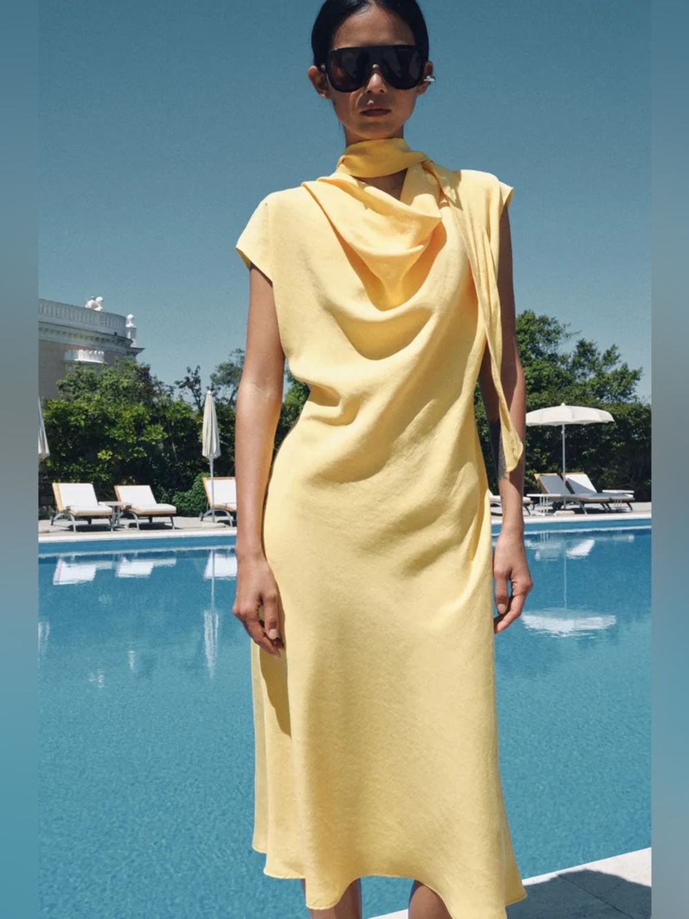 Zara Elegant Butter Yellow Draped Midi Dress